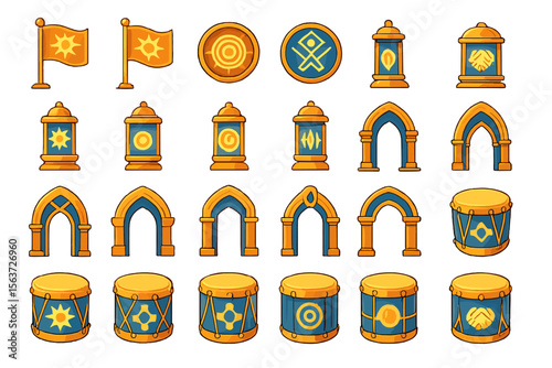 Set of vibrant icons featuring sun motifs, lanterns, arches, and drums.