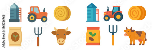 Farm equipment and livestock icons depicting agricultural tools and animals in a simplified and colorful design