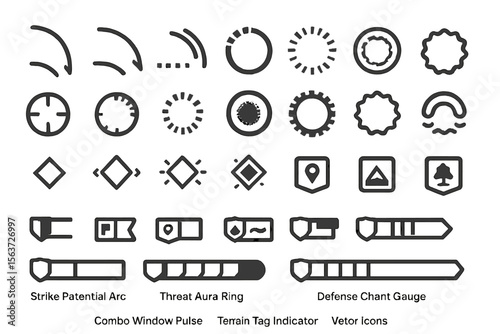 Outlined tactical RPG vector icons for targeting, gauges, and terrain tags