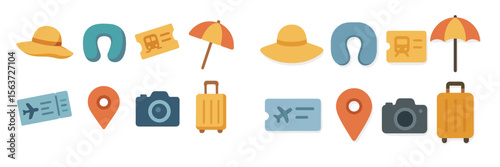 Travel essentials including hats, luggage, and travel tickets arranged in a colorful flat lay