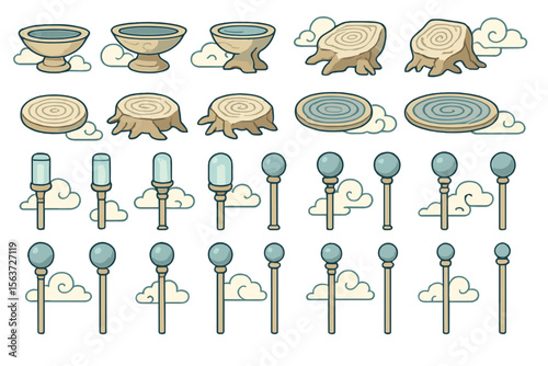 Fantasy-themed icon set with stone bowls, tree stumps, and glowing orbs