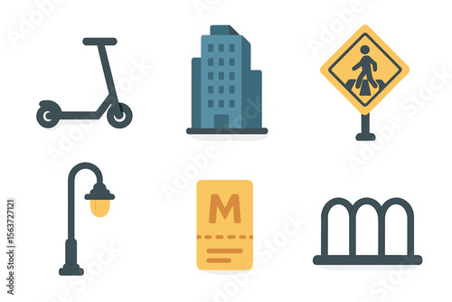Urban mobility elements include a scooter, building, pedestrian sign, lamp post, ticket, and fence in a city landscape