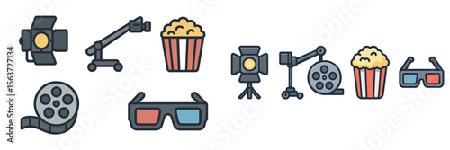 Film production symbols featuring cameras, popcorn, and 3D glasses commonly used in movie settings