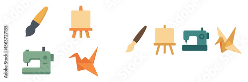 Creative activities involving crafting, drawing, and sewing tools laid out for artistic expression in a bright workspace