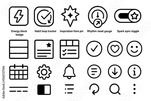 Bold black and white icon set for productivity and wellness apps