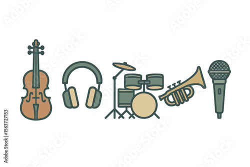 Musical instruments and equipment displayed in a creative arrangement during a lively studio session