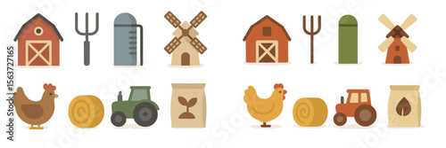 Farm themed illustrations depicting various agricultural elements and activities in a colorful, playful style