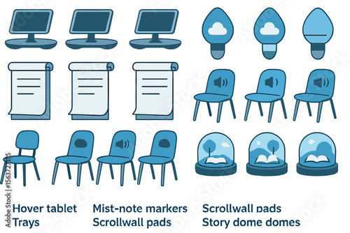 Futuristic classroom toolset with labeled devices and immersive elements