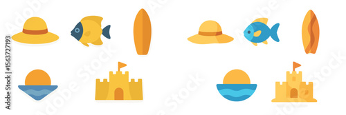 Colorful beach icons featuring summer hats, fish, surfboards, and sandcastles in a vibrant design