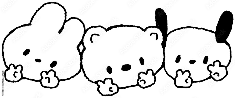 Obraz premium 토끼 곰 강아지 캐릭터 흑백 일러스트 스티커