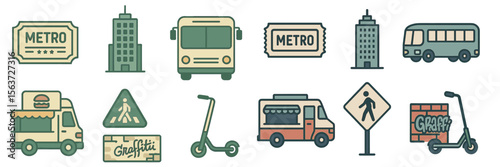 Illustrations of urban transportation and street scenes featuring various vehicles and structures in a city setting