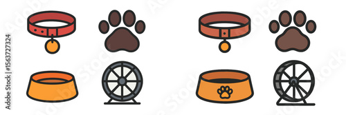 Pet supplies including collars, paw prints, food bowls, and exercise wheels displayed against a simple background