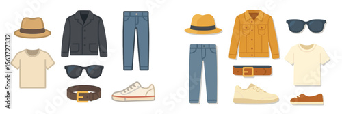 Fashionable clothing collection for casual outings and summer activities featuring various styles and accessories