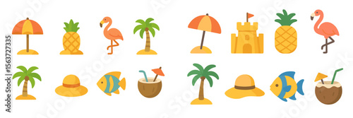 Colorful summer icons depicting tropical elements and beach activities in a playful design style