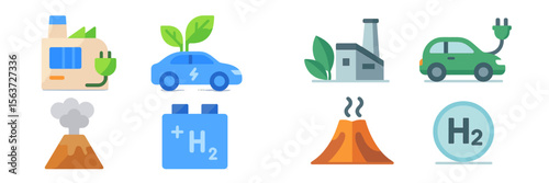 Icons representing renewable energy, electric vehicles, and hydrogen production in a modern digital design