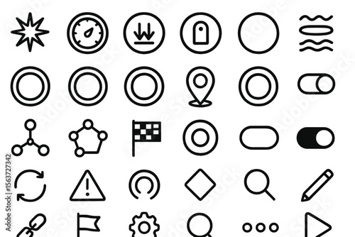 Dark theme line icons featuring toggles, symbols, and interface tools