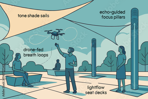 Futuristic park scene with labeled tech features and interactive drone