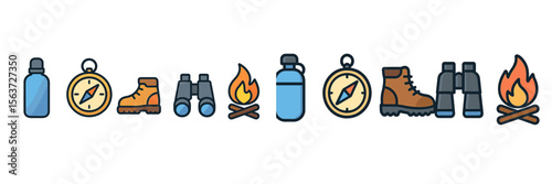 Essential gear for outdoor camping and hiking adventures with tools for navigation, hydration, and warmth