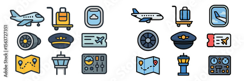 Various travel and aviation icons representing different aspects of flying and air travel activities in a simple design