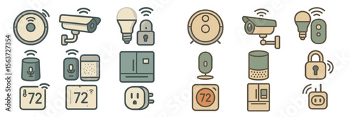 Smart home technology showcased in a colorful design featuring various devices for security and convenience