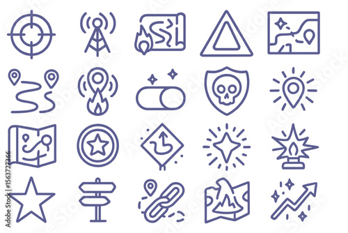 Set of navigation and hazard icons featuring maps, stars, location markers, flames, and directional symbols.