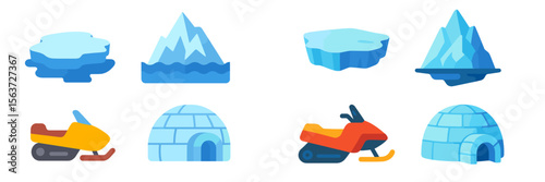 Colorful cartoon icebergs, mountains, and snowmobiles arranged in a playful winter theme