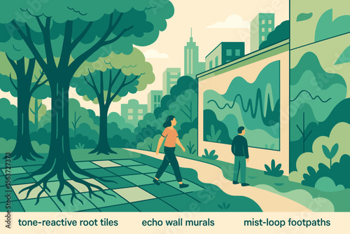Urban park concept with smart tiles and echo-responsive mural
