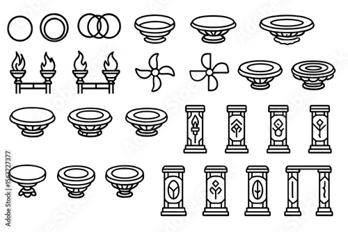 Set of mystical ritual symbols and objects, including ceremonial rings, altars, torches, fans, and columns.