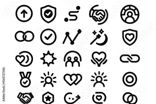 Set of icons representing RPG character relationships, alliance, protection, love, and progress such as magic, bonds, and hearts.