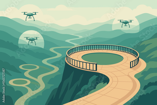 Futuristic elevated circular platform with drones flying above a winding mountain path, surrounded by lush green mountains.