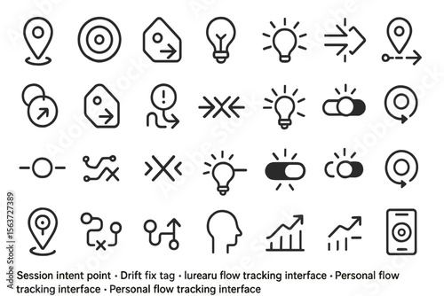 A series of vector icons depicting flow tracking, personal intent points, navigation, lightbulbs, toggles, and user interface elements related to tracking and monitoring.