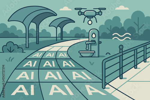 Futuristic park scene featuring AI-filter walk tiles, a drone delivering services, and a water station, set within a green urban environment.