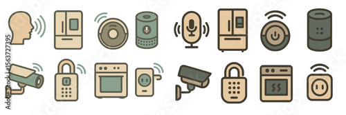 Modern smart home devices and appliances displayed in a clean layout with various functionalities and features