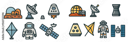 Exploration of outer space with various celestial and technological elements in a modern design