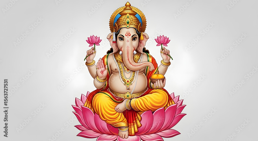 Fototapeta premium Lord Ganesha: Hindu God, Golden Ornamentation, Pink Lotus