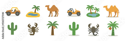 Desert adventure featuring vehicles, camels, and tropical flora in a vibrant landscape