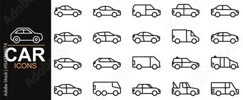Set of car illustrations in minimalistic line art, ideal for web design or automotive branding.