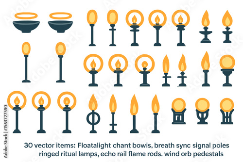 Set of glowing ritual lamp and orb icons on golden gradient
