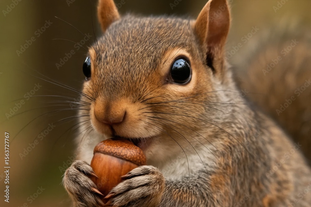 Fototapeta premium A squirrel eating an acorn in its mouth