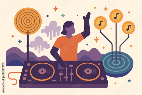 A vibrant illustration of a DJ spinning records at a turntable, surrounded by music notes, sound waves, and abstract elements symbolizing creativity and energy, with a colorful, modern style.