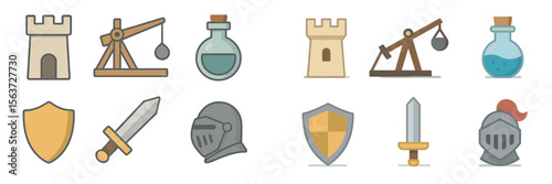 Various medieval icons including castles, weapons, and knights represented in a colorful and simplistic style