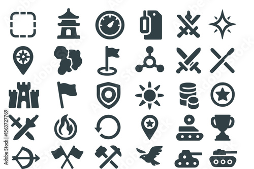 A set of dark icons featuring symbols such as flags, swords, shields, tanks, coins, stars, and more, designed for use in gaming, strategy, and competitive themes.