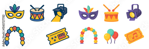 Colorful carnival decorations and symbols located in a festive setting for celebration and entertainment events at night