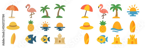 Summer beach icons featuring flamingos, palm trees, and sun elements for vibrant coastal designs