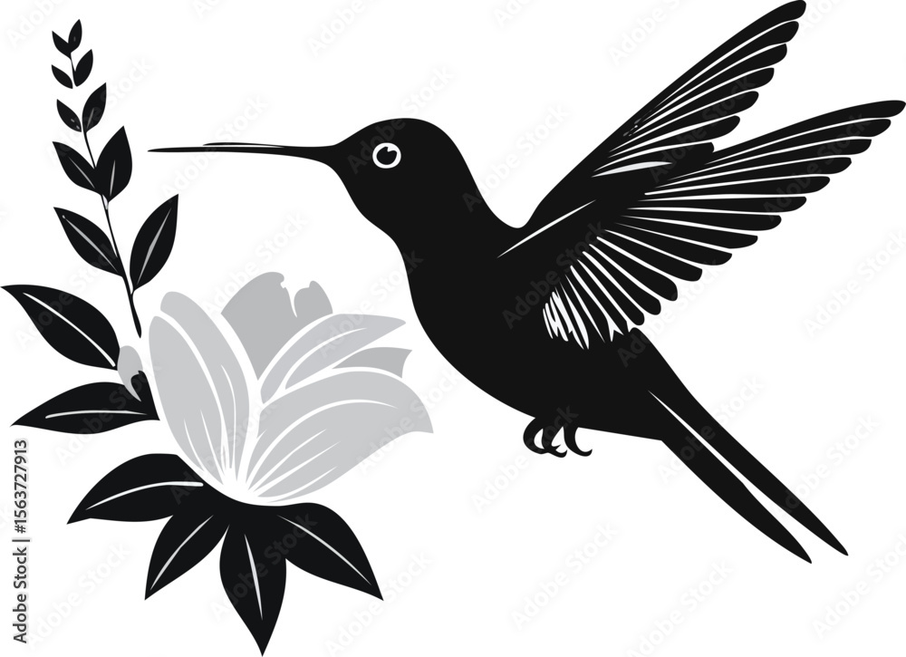 Fototapeta premium Elegant Hummingbird Silhouette Vector EPS Birds in Flight, Floral Design, Nature Illustration