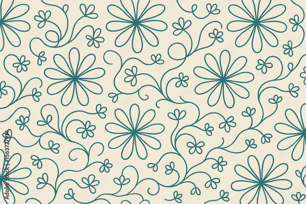 custom made wallpaper toronto digitalSeamless floral pattern with teal outlined flowers on cream background