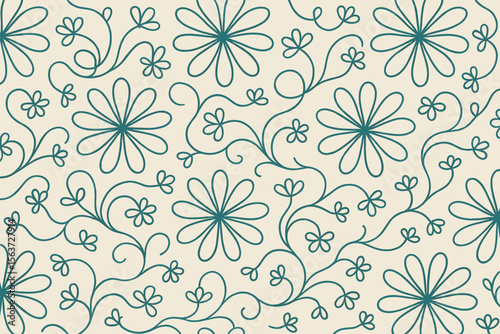 Seamless floral pattern with teal outlined flowers on cream background
