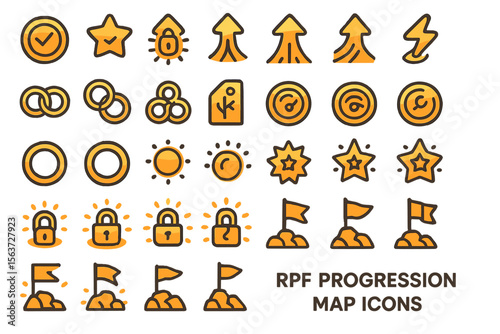 Orange and black RPG progression map icons with stars, locks, flags, and arrows