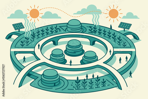 Futuristic circular eco-facility with solar farming and layered rest domes