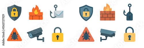 Security symbols representing cybersecurity concepts including firewalls, surveillance, and malware protection in a colorful layout